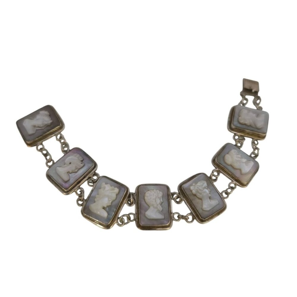 Vintage Raised Abalone Shell Cameo/Silhouette 800 Silver Bracelet (A7668)